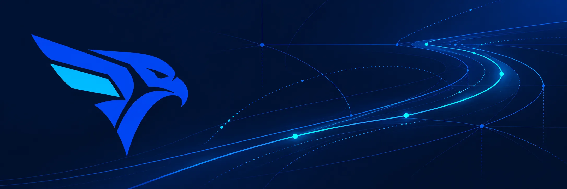 The Iresine falcon mark in royal blue and cyan beside glowing flight paths that curve and converge across a deep navy field.